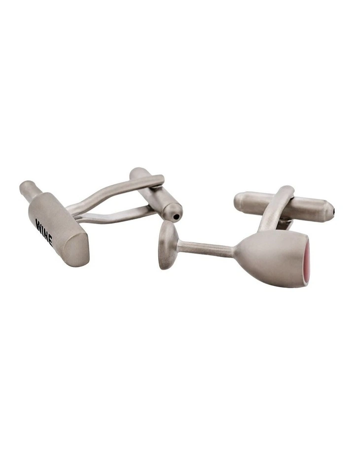 Rhodium Plated Wine Glass & Bottle Cufflinks in Silver image 3
