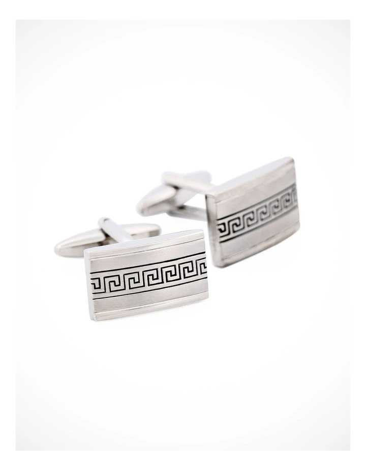 Rhodium Greek Key Cufflinks in Silver image 2