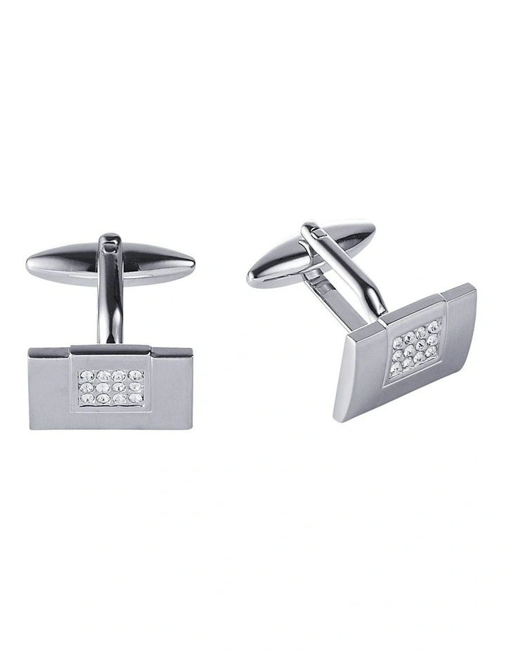 Brushed Rhodium & Crystal Cufflinks in Silver image 1