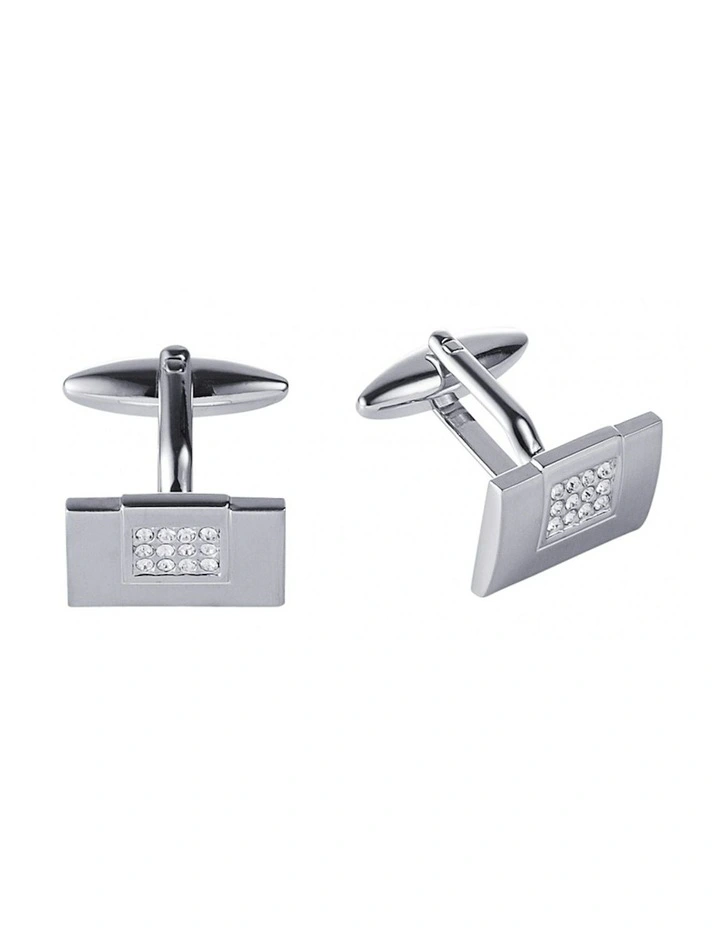 Brushed Rhodium & Crystal Cufflinks in Silver image 2