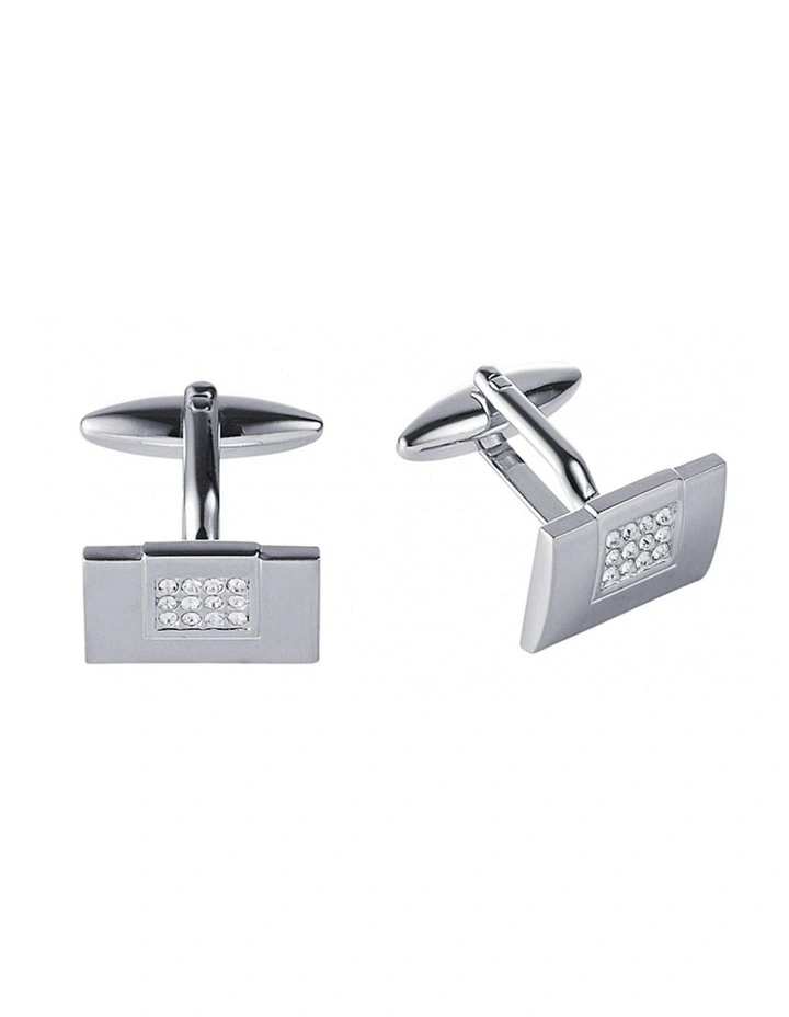 Brushed Rhodium & Crystal Cufflinks in Silver image 3
