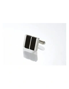 Polished Rhodium Plated Sterling Cufflinks With Double Onyx Inlays in Silver