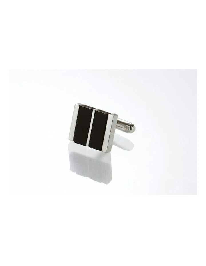 Polished Rhodium Plated Sterling Cufflinks With Double Onyx Inlays in Silver image 1