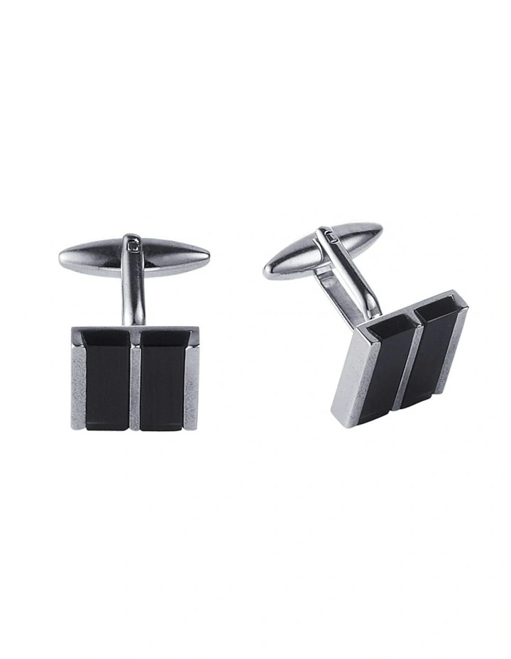 Polished Rhodium Plated Sterling Cufflinks With Double Onyx Inlays in Silver image 2