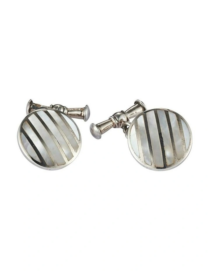 Sterling Mop Round T-Bar Chain Cufflinks in Silver image 1