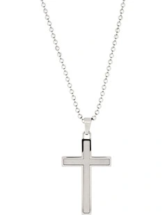 Stainless Steel Cross Pendant With Ion Plated Pearl Inlay On Ball Chain in Silver