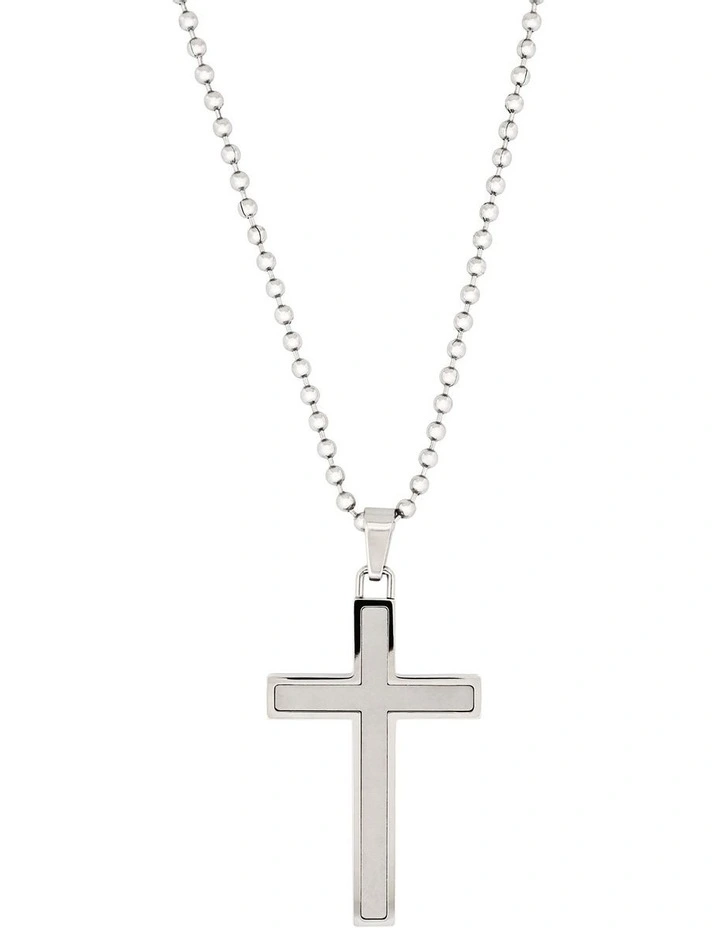 Stainless Steel Cross Pendant With Ion Plated Pearl Inlay On Ball Chain in Silver image 1