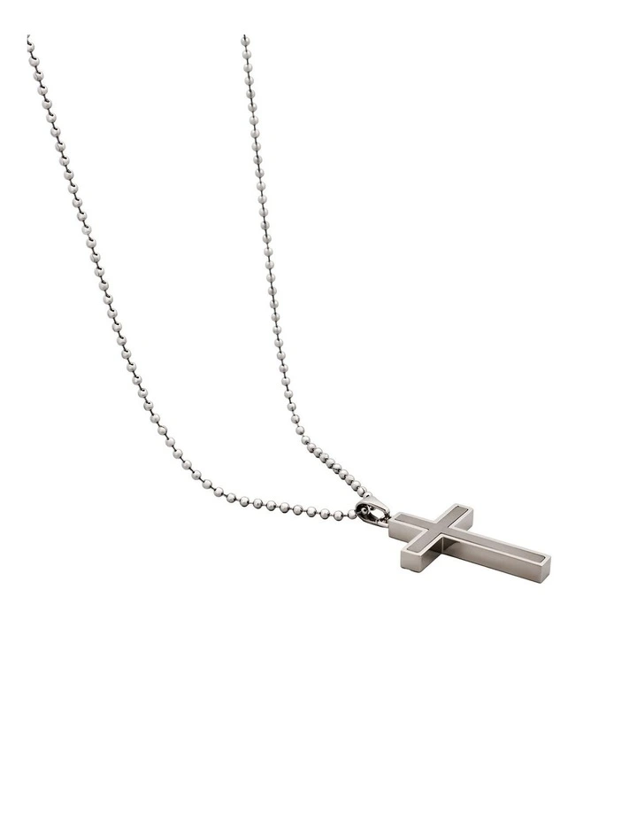Stainless Steel Cross Pendant With Ion Plated Pearl Inlay On Ball Chain in Silver image 3