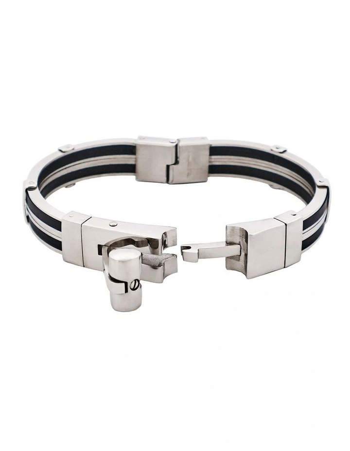 Polished Stainless Steel And Rubber Bracelet With Locking Clasp in Silver image 4