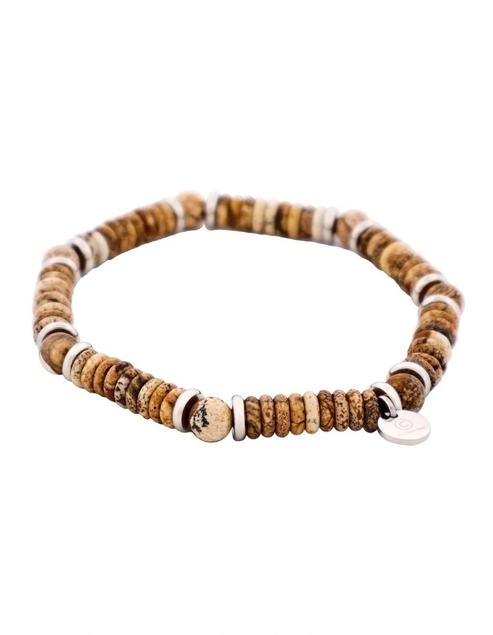 Jasper Stone Beaded And Stainless Steel Bracelet in Tan image 2
