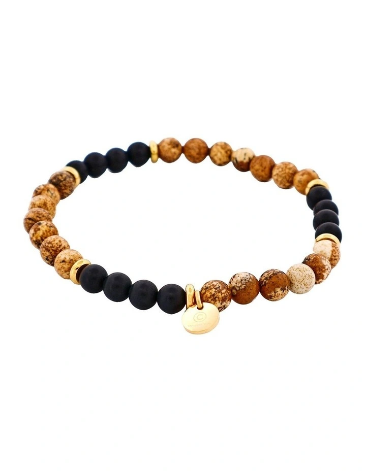 Jasper And Onyx Stone Beads Bracelet 6mm in Tan image 1