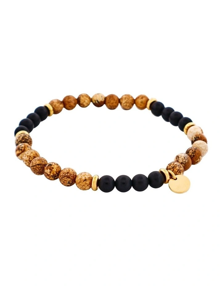 Jasper And Onyx Stone Beads Bracelet 6mm in Tan image 2
