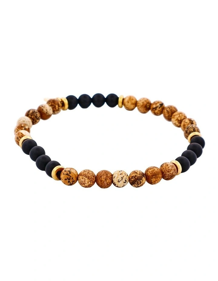 Jasper And Onyx Stone Beads Bracelet 6mm in Tan image 4