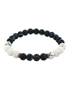 Stone Beaded And Stainless Steel Bracelet in Black/White