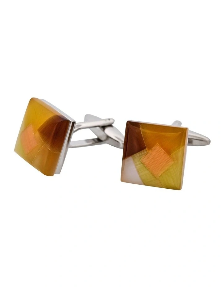 Patterned Cats Eye Cufflinks in Yellow/Brown image 2