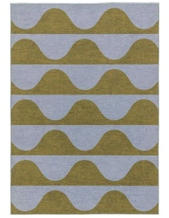 Wynwood Olive and Blue Wave Stripe Indoor Outdoor Washable Rug