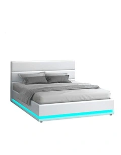ALFORDSON Bed Frame Queen Size Platform RGB LED Gas Lift Base Storage White