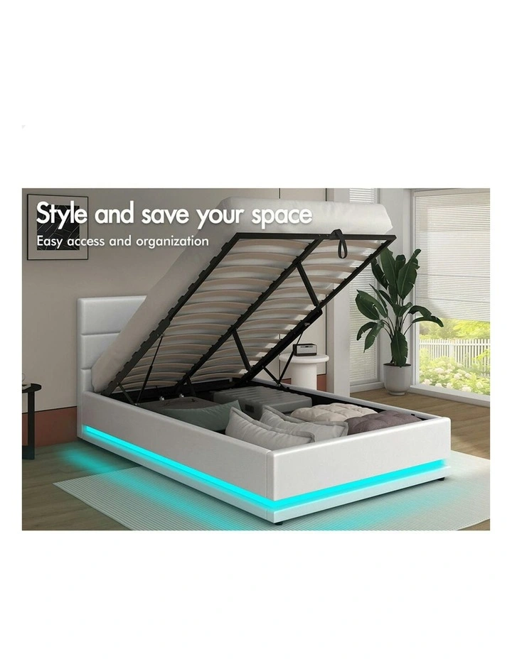 ALFORDSON Bed Frame Single Size Platform RGB LED Gas Lift Base Storage White image 3