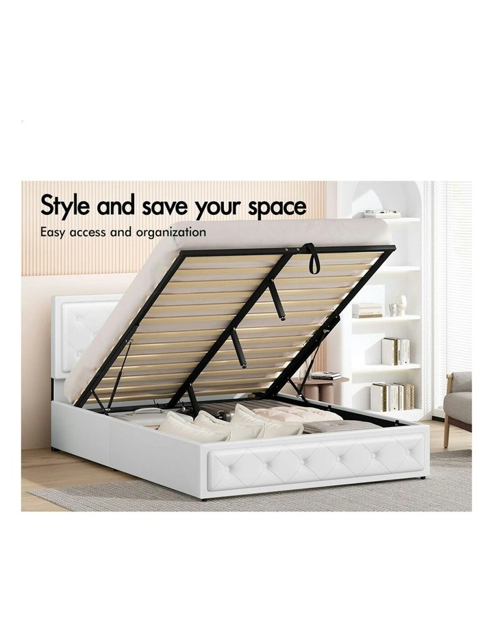 Queen Size Gas Lift Bed Frame in White image 3