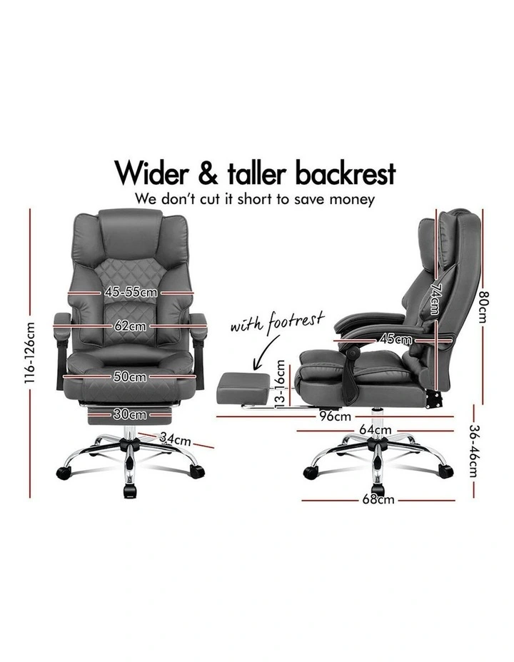 ALFORDSON Office Chair Deluxe PU Leather Executive - Grey (With Footrest) image 2