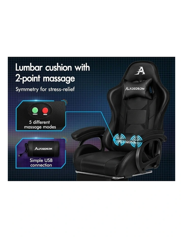 ALFORDSON Gaming Chair 2-Point Massage Lumbar Pillow Xavier Black image 3