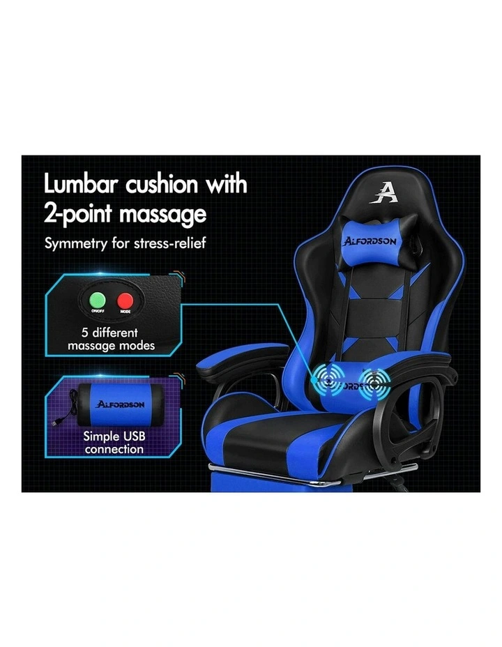 ALFORDSON Gaming Chair 2-Point Massage Lumbar Cushion Xavier Black & Blue image 3