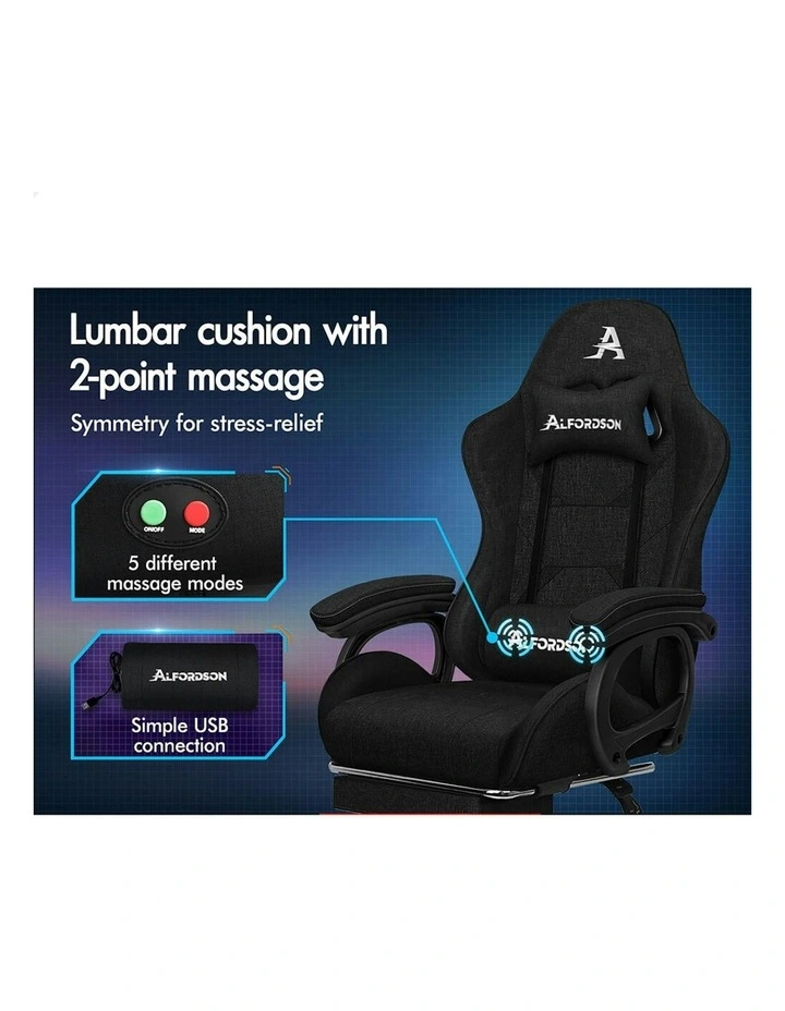 ALFORDSON Gaming Chair Office with 2-Point Massage Lumbar Pillow Fabric Black image 3