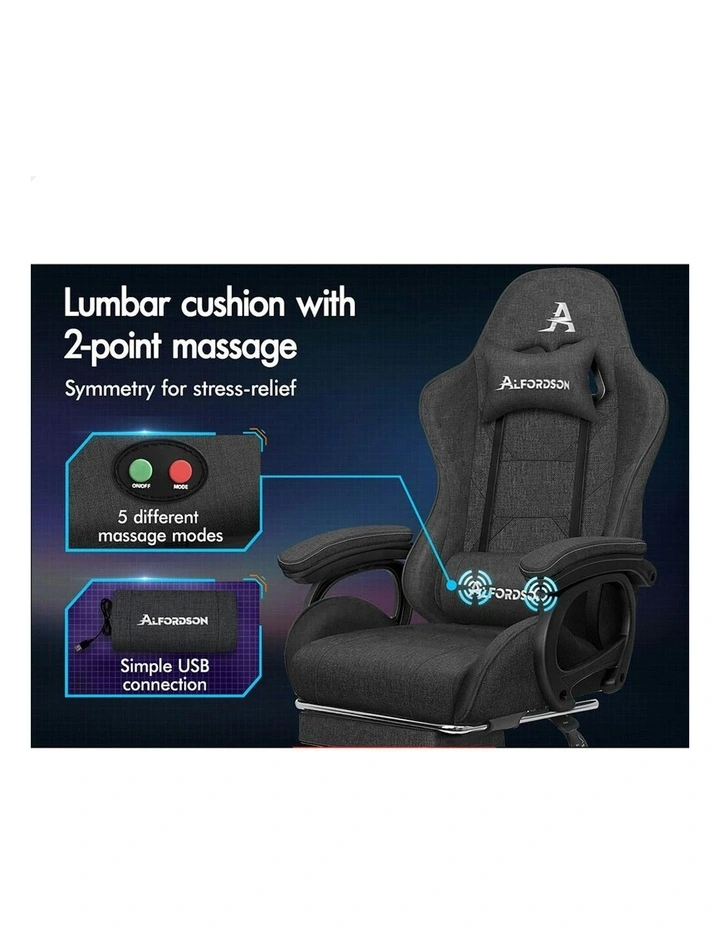 ALFORDSON Gaming Chair Office with 2-Point Massage Lumbar Pillow Fabric Grey image 3
