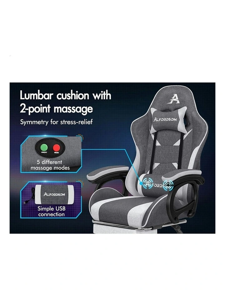 ALFORDSON Gaming Chair Office 2-Point Massage Lumbar Pillow Fabric Grey image 3