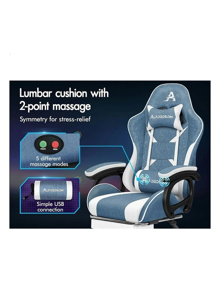ALFORDSON Gaming Chair Office 2-Point Massage Lumbar Pillow Fabric Blue White image 3