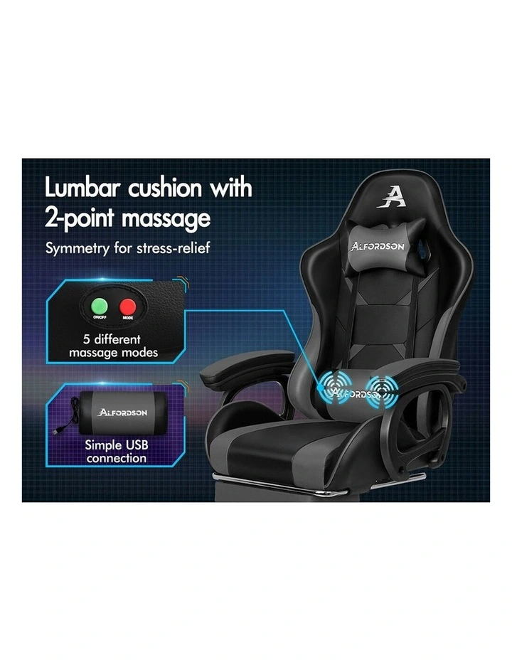 ALFORDSON Gaming Chair 2-Point Massage Lumbar Cushion Xavier Black & Grey image 3