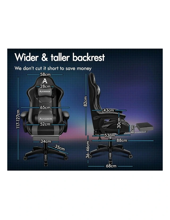 ALFORDSON Gaming Chair 2-Point Massage Lumbar Cushion Xavier Black & Grey image 4