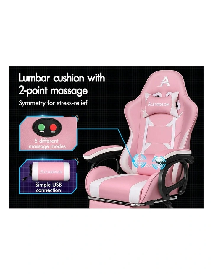 ALFORDSON Gaming Chair 2-Point Massage Lumbar Pillow Xavier Pink & White image 3