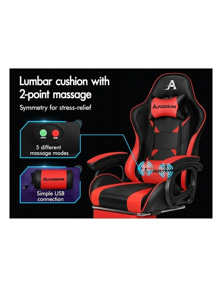 ALFORDSON Gaming Chair 2-Point Massage Lumbar Pillow Xavier Black & Red image 3