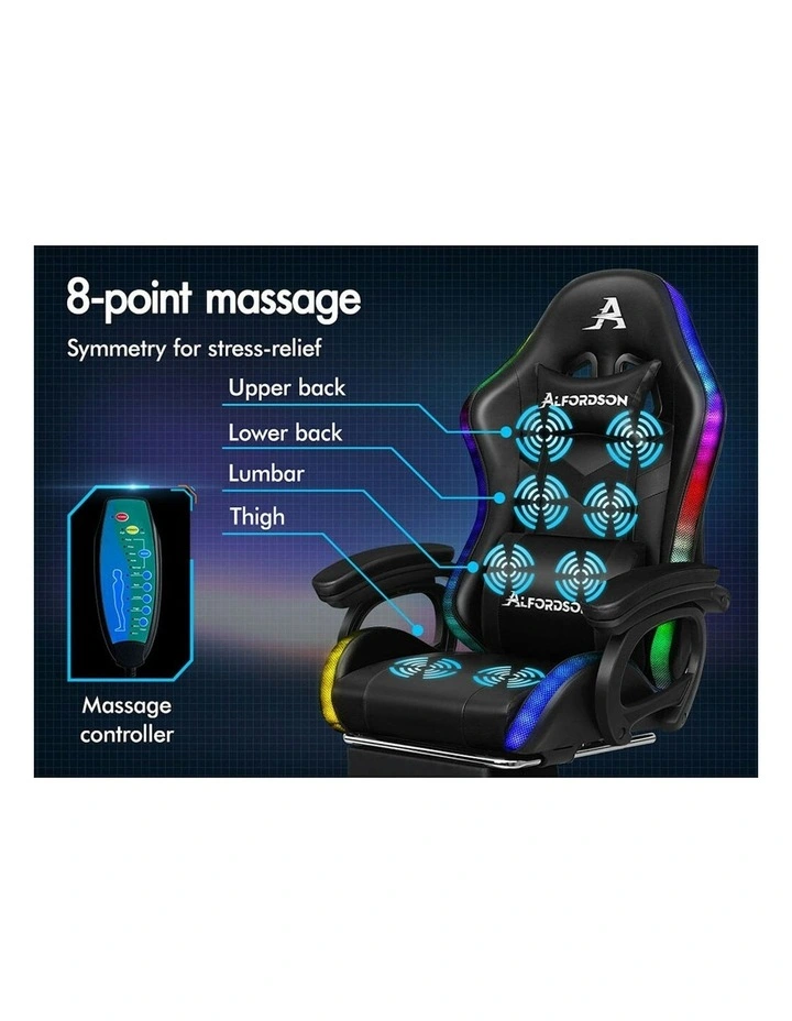 ALFORDSON Gaming Chair with 8-Point Massage 12 RGB LED Black image 4