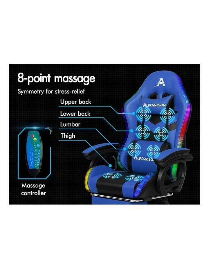 ALFORDSON Gaming Chair with 8-Point Massage 12 RGB LED Black & Blue image 4