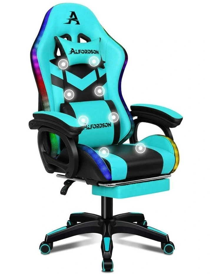 ALFORDSON Gaming Chair with 8-Point Massage 12 RGB LED Cyan & Black image 1