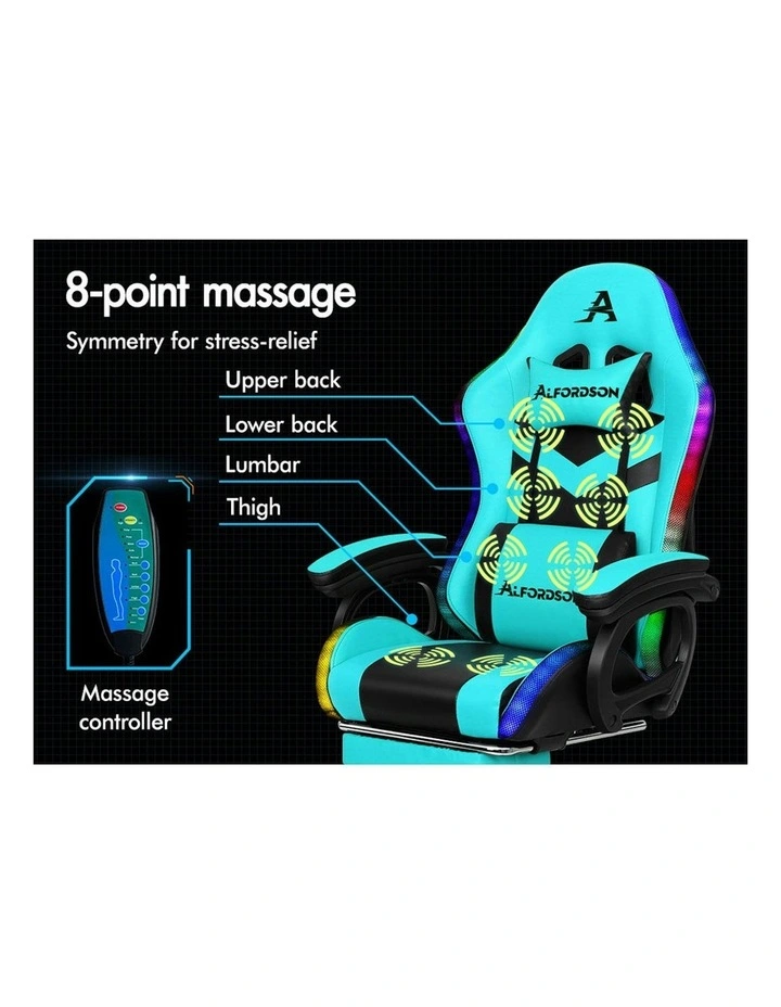 ALFORDSON Gaming Chair with 8-Point Massage 12 RGB LED Cyan & Black image 4