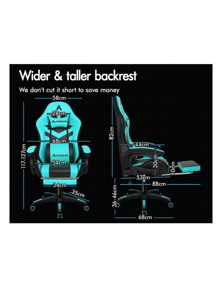 ALFORDSON Gaming Chair with 8-Point Massage 12 RGB LED Cyan & Black image 5