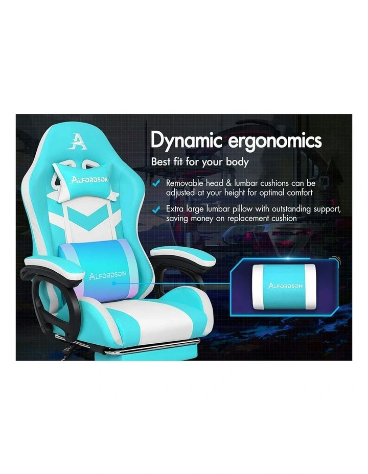 ALFORDSON Gaming Chair with 8-Point Massage 12 RGB LED Cyan & White image 2