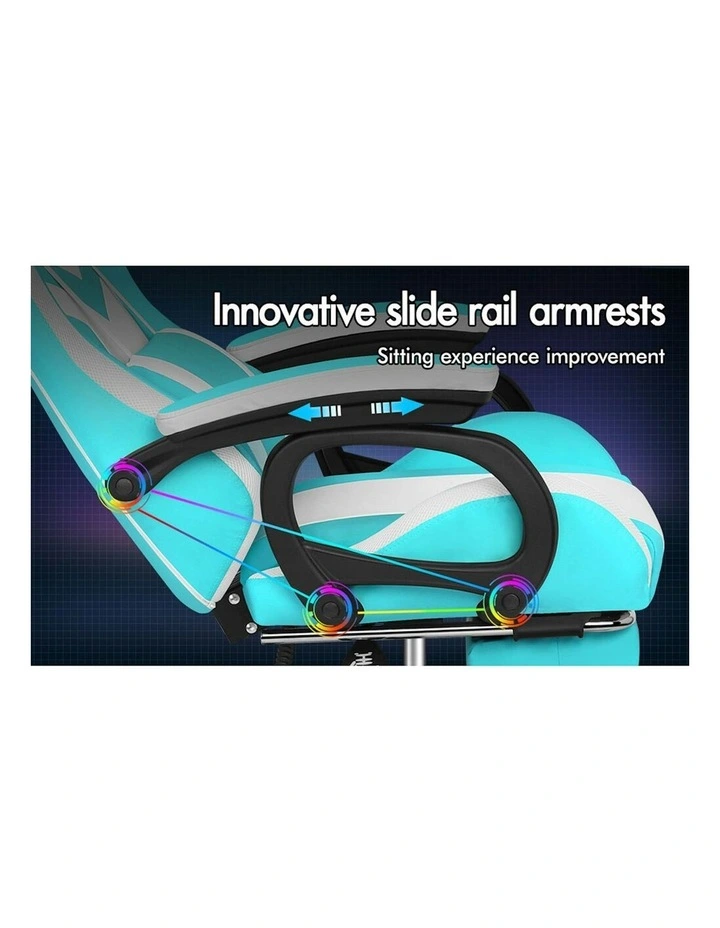 ALFORDSON Gaming Chair with 8-Point Massage 12 RGB LED Cyan & White image 3