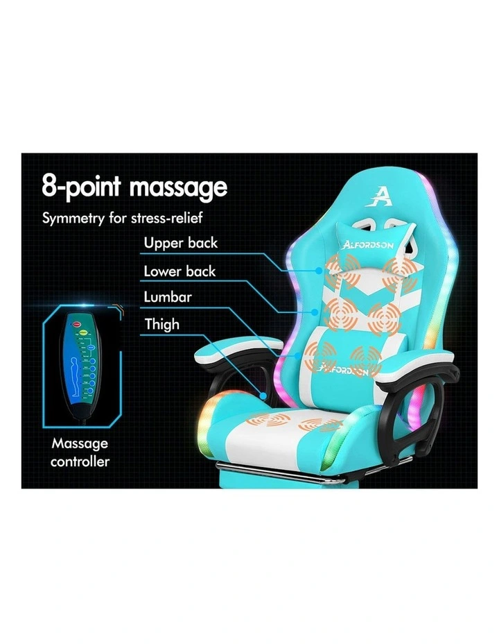ALFORDSON Gaming Chair with 8-Point Massage 12 RGB LED Cyan & White image 4
