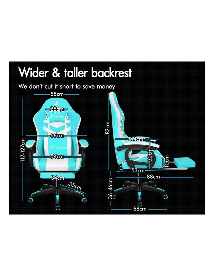 ALFORDSON Gaming Chair with 8-Point Massage 12 RGB LED Cyan & White image 5