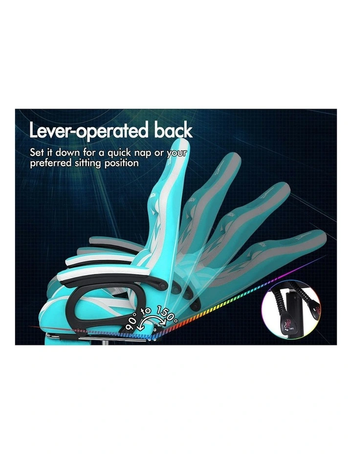 ALFORDSON Gaming Chair with 8-Point Massage 12 RGB LED Cyan & White image 6