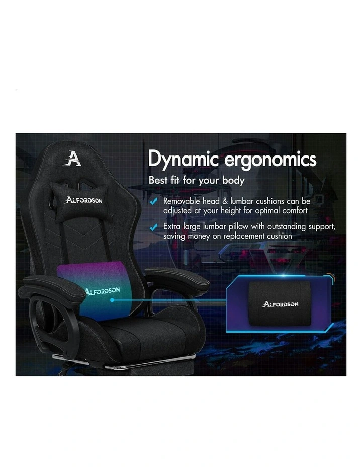 ALFORDSON LED Gaming Chair Office with 8-Point Massage Fabric Black image 2