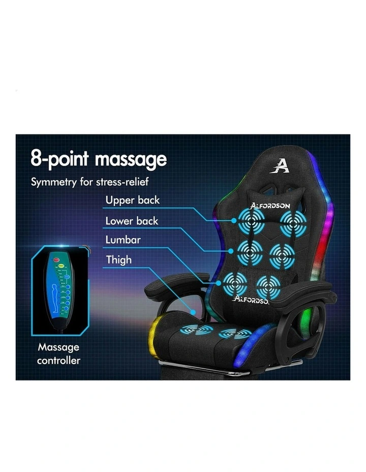 ALFORDSON LED Gaming Chair Office with 8-Point Massage Fabric Black image 4