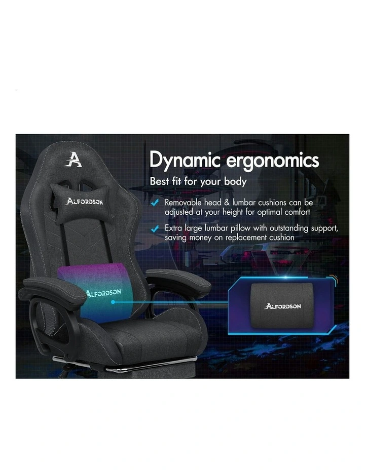 ALFORDSON LED Gaming Chair Office with 8-Point Massage Fabric Grey image 2