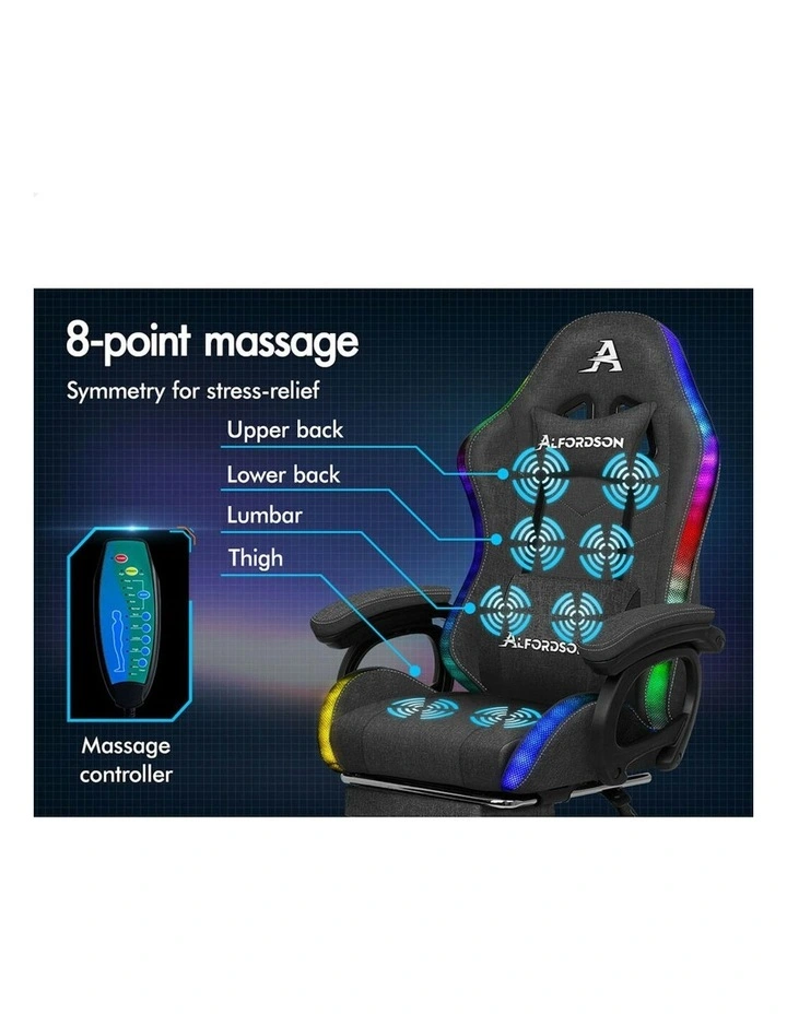 ALFORDSON LED Gaming Chair Office with 8-Point Massage Fabric Grey image 4