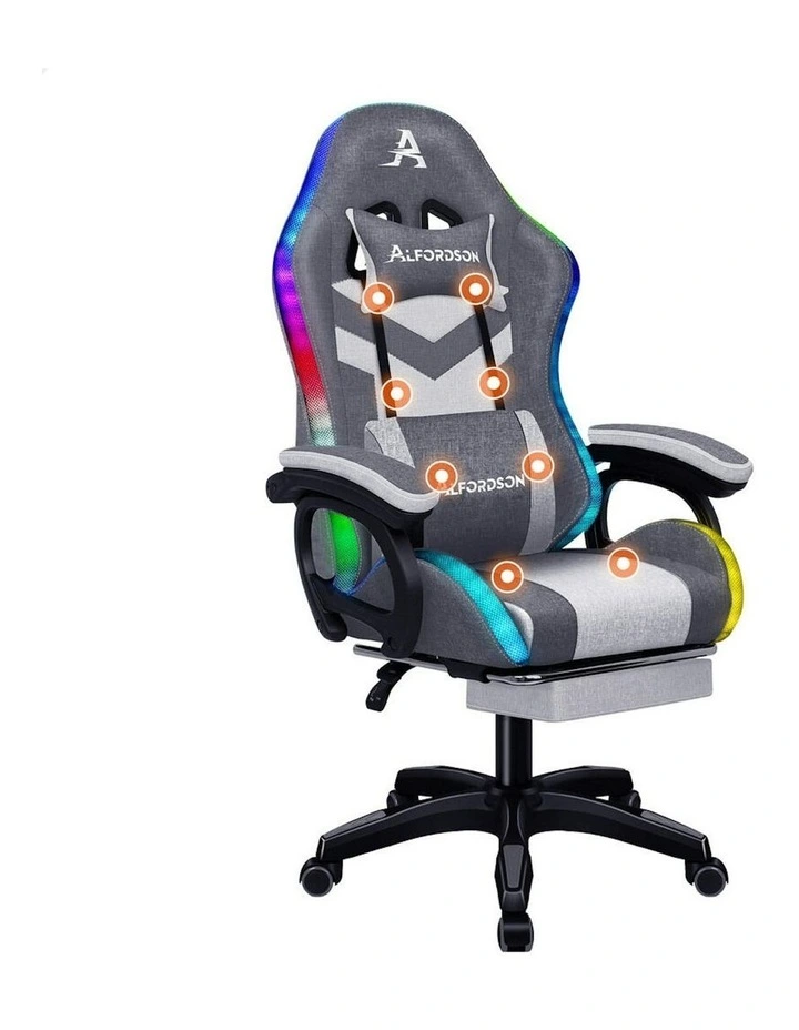 ALFORDSON LED Gaming Office Chair with 8-Point Massage Fabric Grey image 1