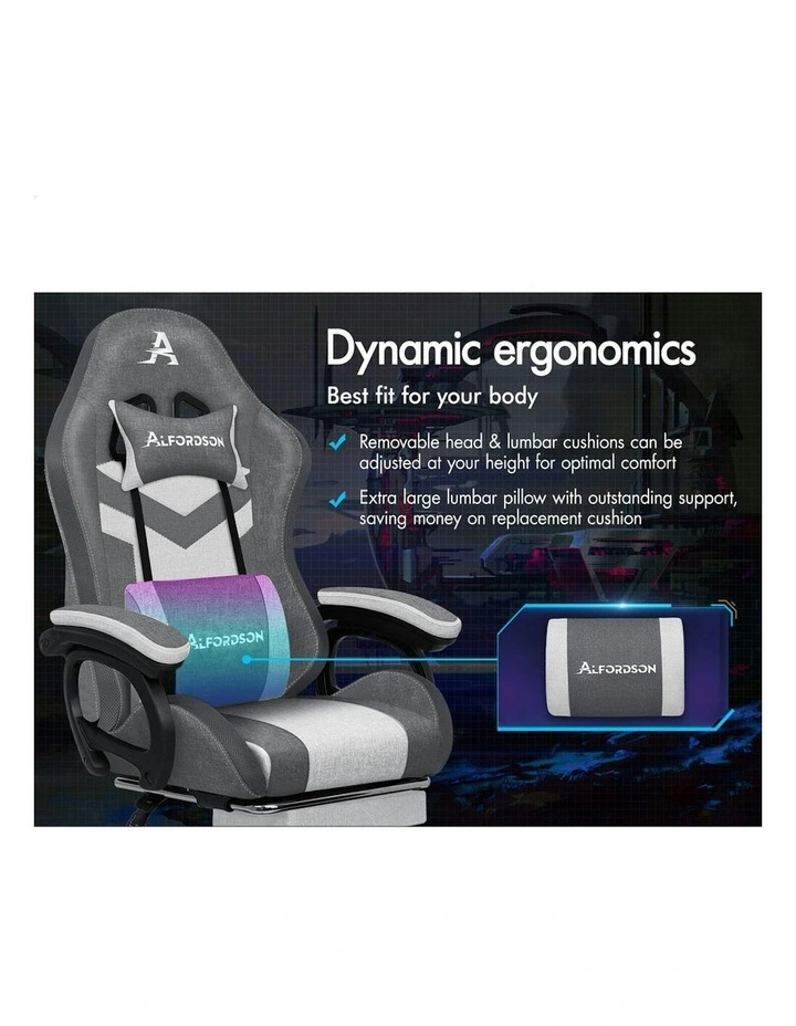 ALFORDSON LED Gaming Office Chair with 8-Point Massage Fabric Grey image 2